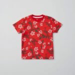 Girls Red Floral Printed Cotton T-Shirt For Kids
